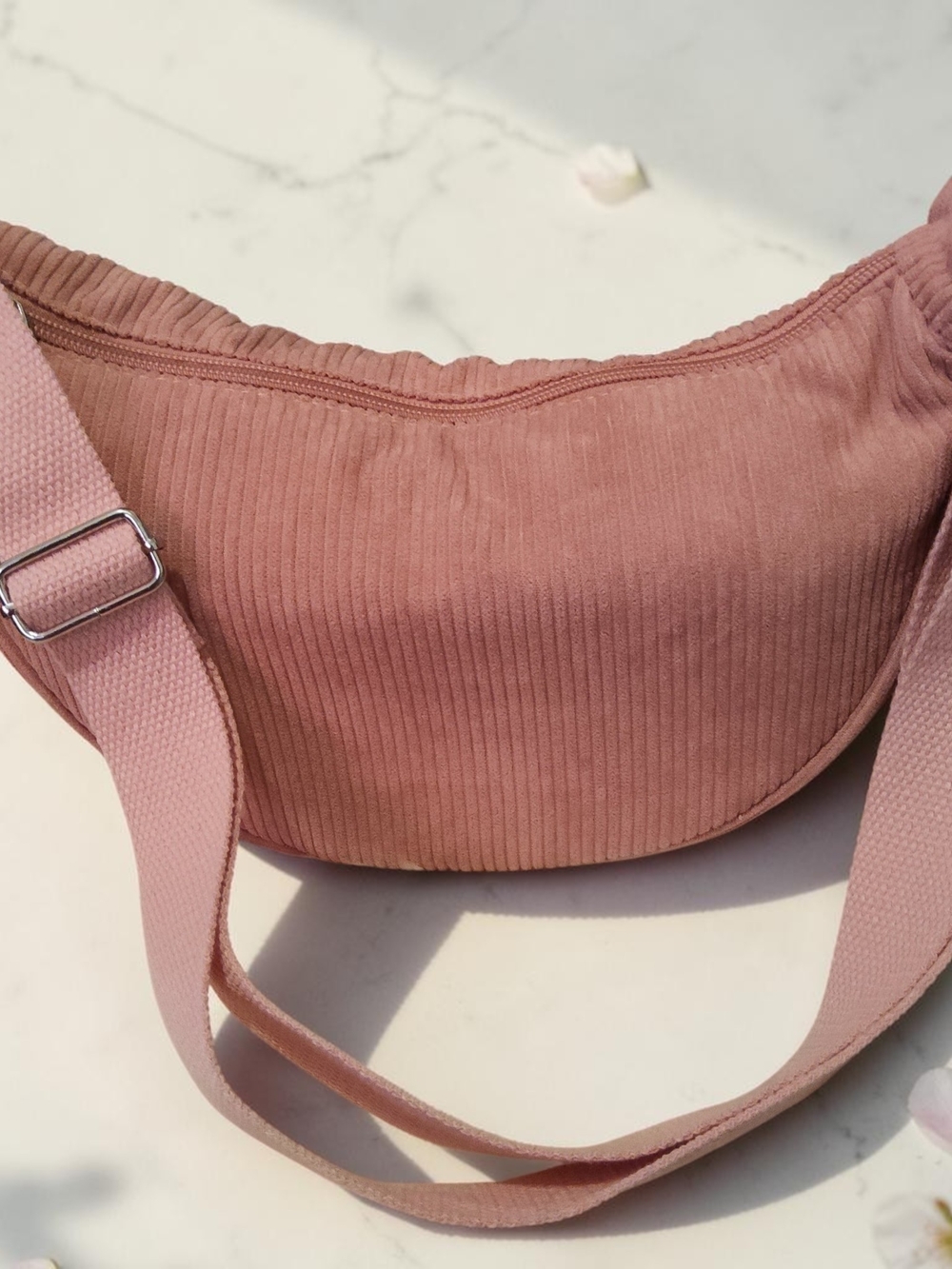 New Corduroy Crescent Shoulder Bag in Dusty Rose